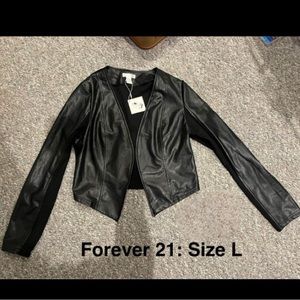 Open Front Faux Leather Jacket with Fabric Back